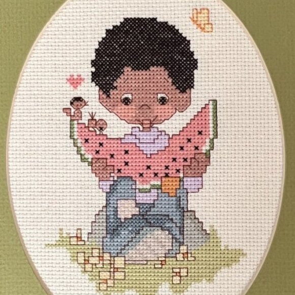 Vtg Framed NEEDLEPOINT Child Eating Watermelon Butterfly Birds Oval Mat 9 x 11 - Picture 2 of 9